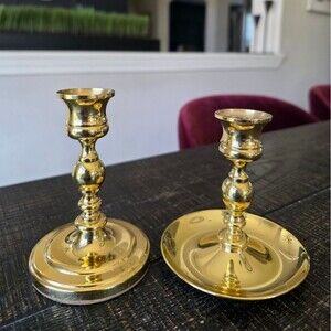 2 Polished Brass Elegant Gold Taper Candlestick Holders Sz 4.5' & 5' Short